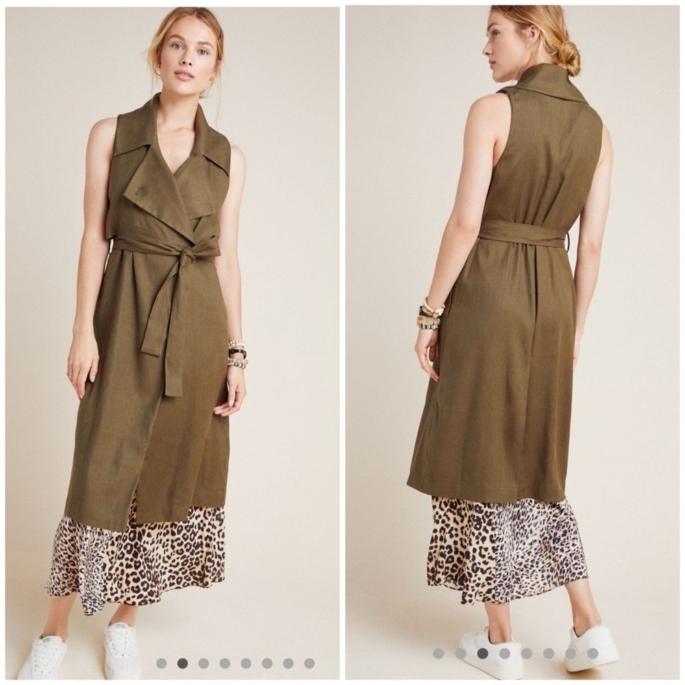 Anthropologie Hollis Tie Front Olive Sleeveless Trench Coat Vest Dress Sz Small - Picture 2 of 10
